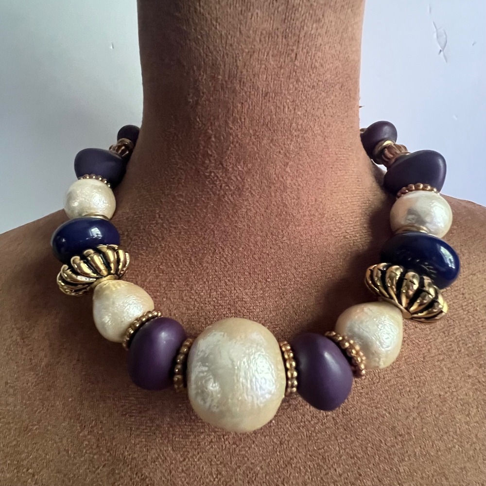 Vintage Chunky Faux Pearl Purple Gold Bead Statement Necklace 18 Inch Maximalist